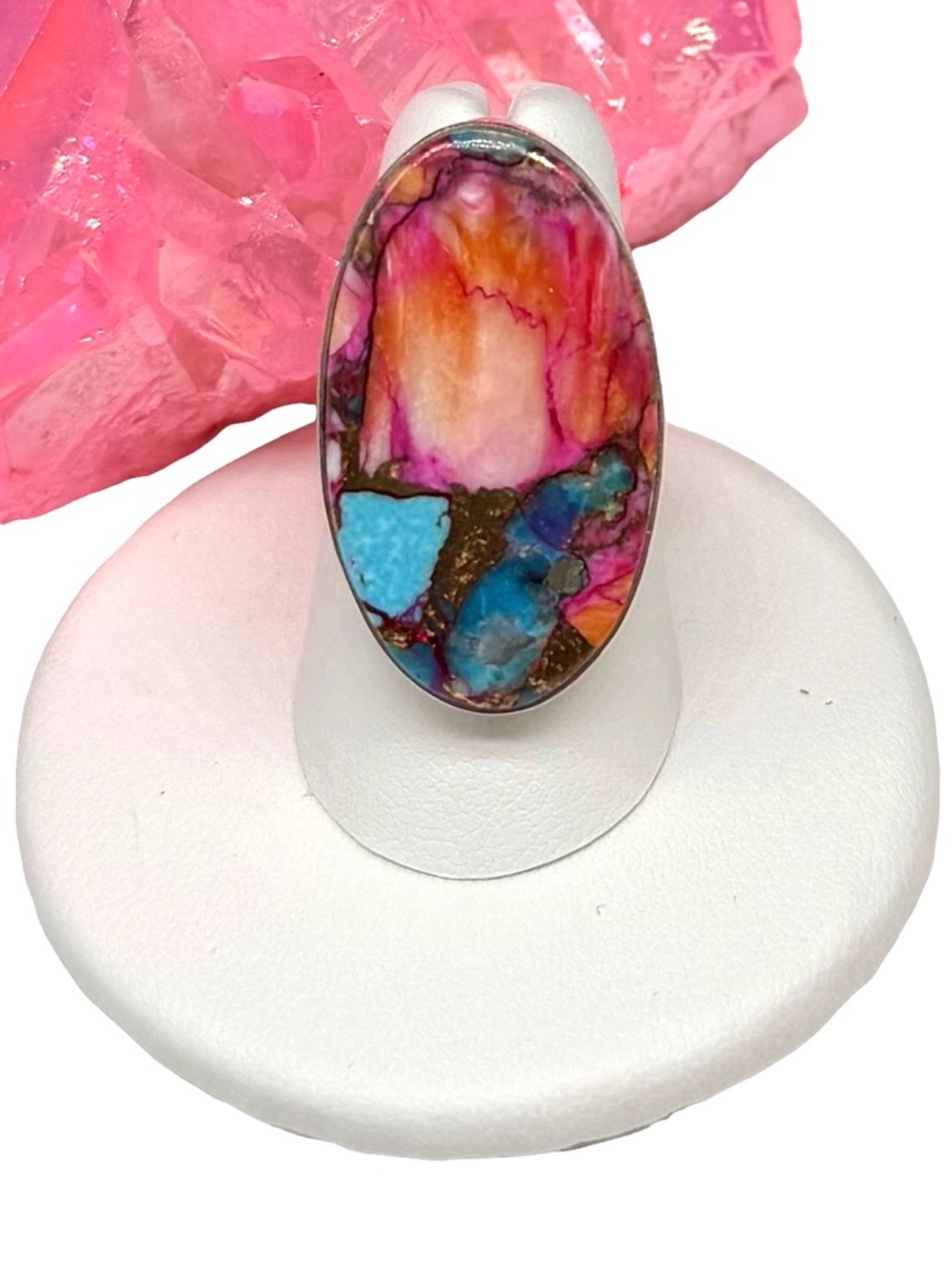 Kingman Pink Dahlia Turquoise Ring Size 6.5 Solid 925 Sterling Silver